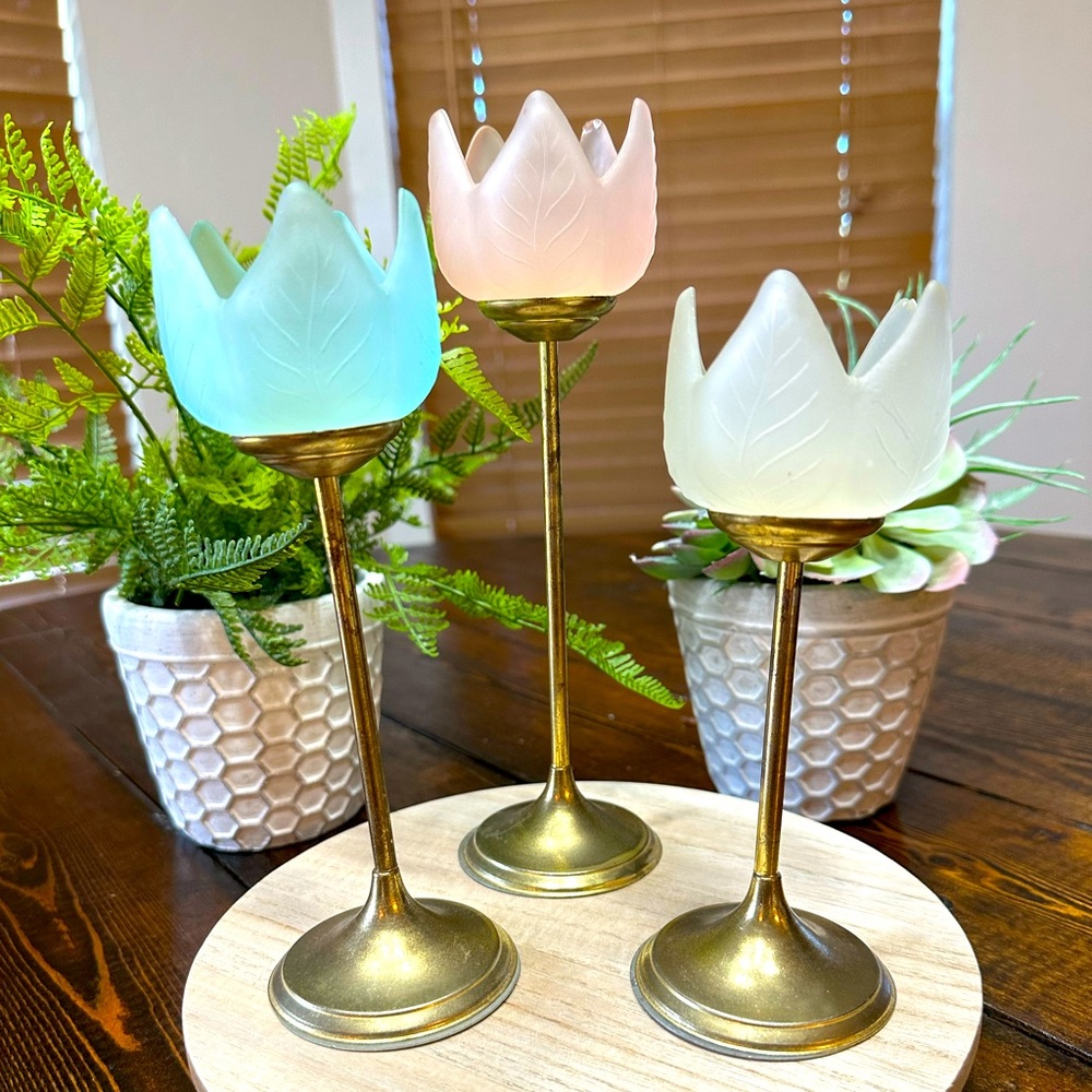 Set of 3 Brass Colored Frosted Glass Tulip Tea Light Candle Holders